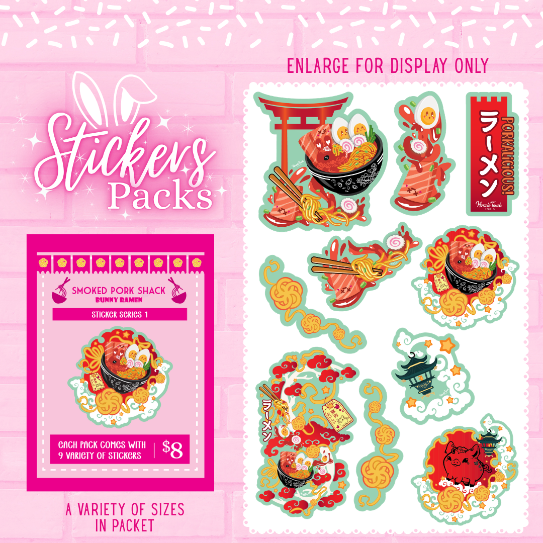 Smoked Pork Shack bunny ramen sticker pack with multiple stickers in various sizes.