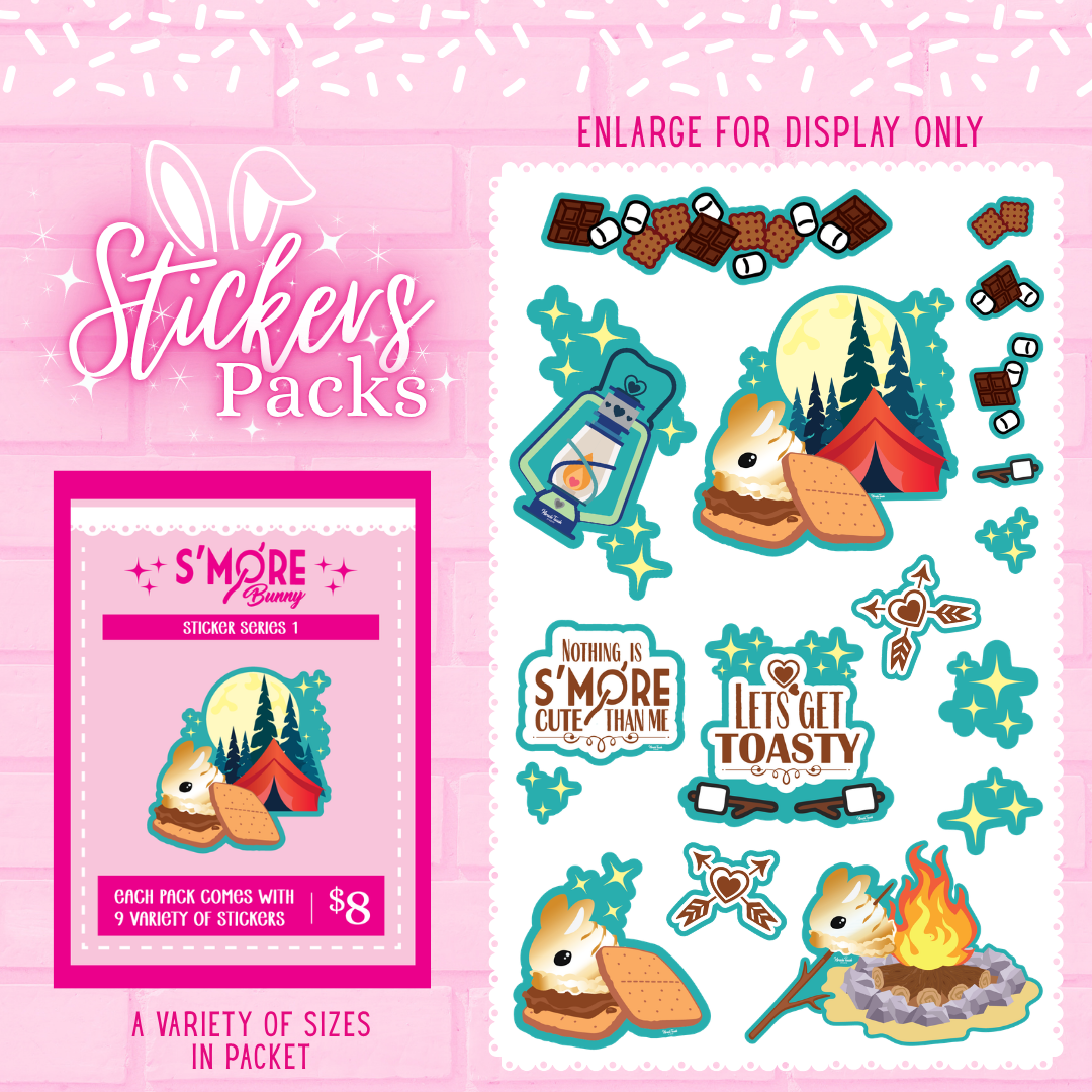 S’more bunny sticker pack with multiple stickers in various sizes.