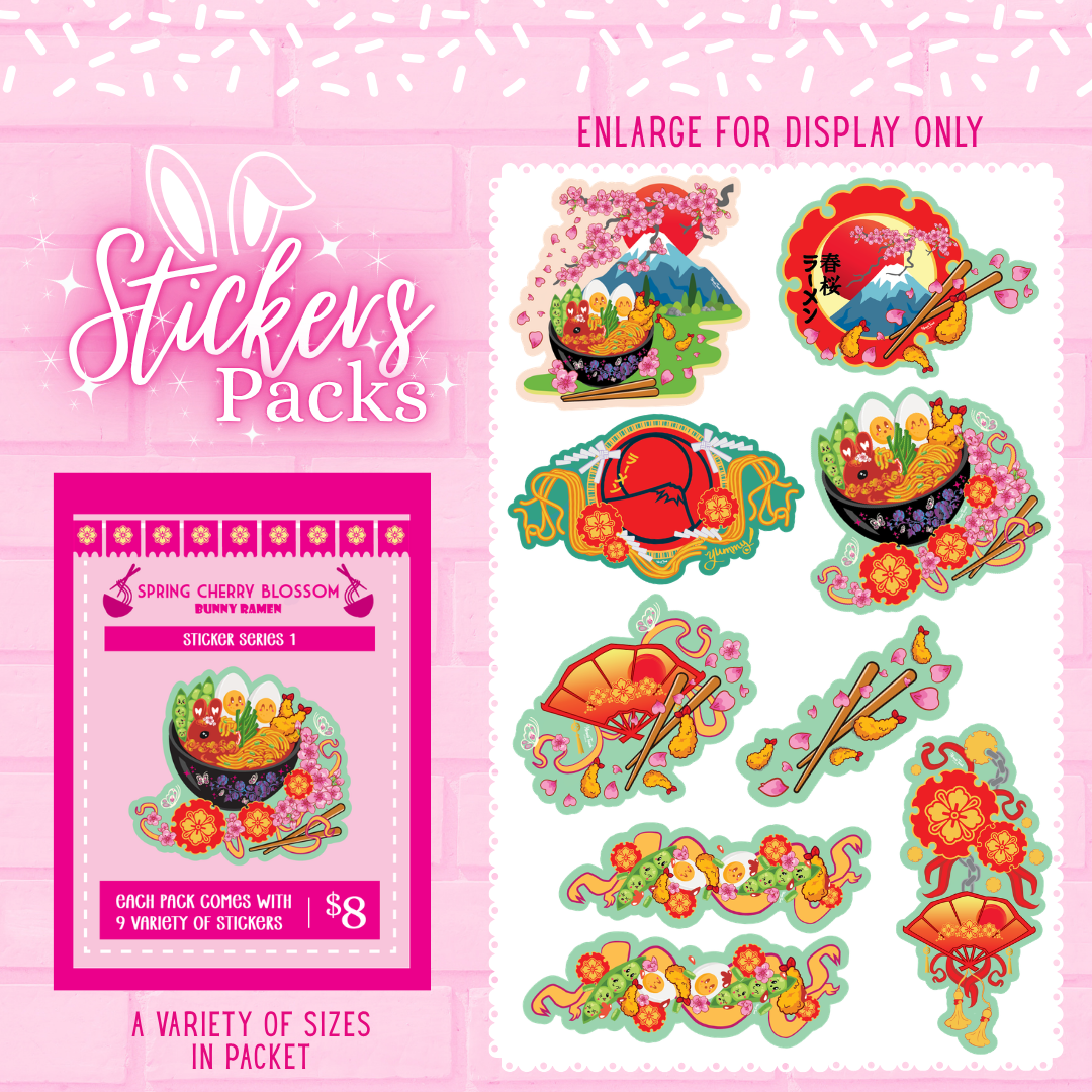 Spring Cherry Blossom bunny ramen sticker pack with multiple stickers in various sizes.