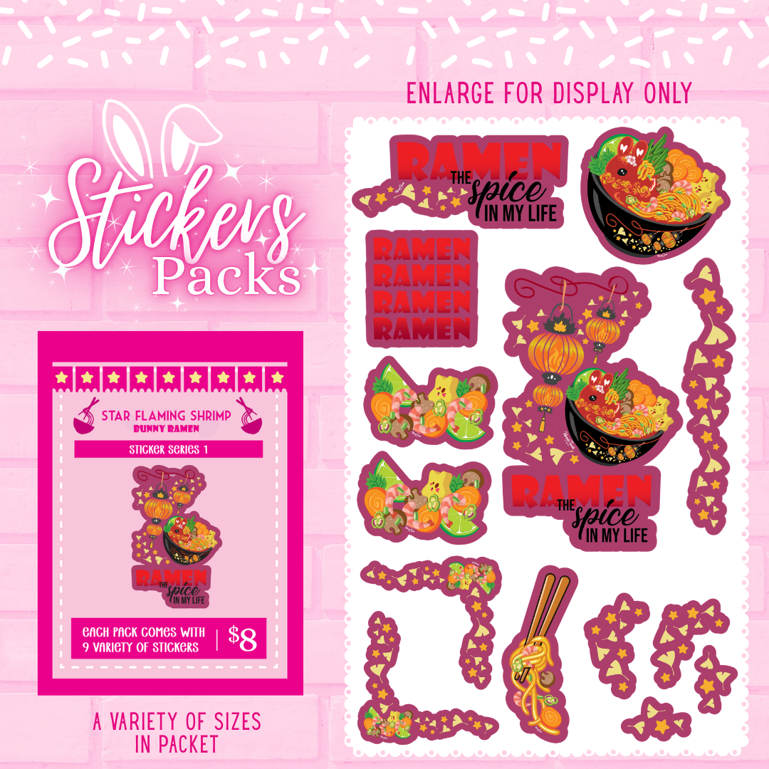 Spring Cherry Blossom bunny ramen sticker pack with multiple stickers in various sizes.