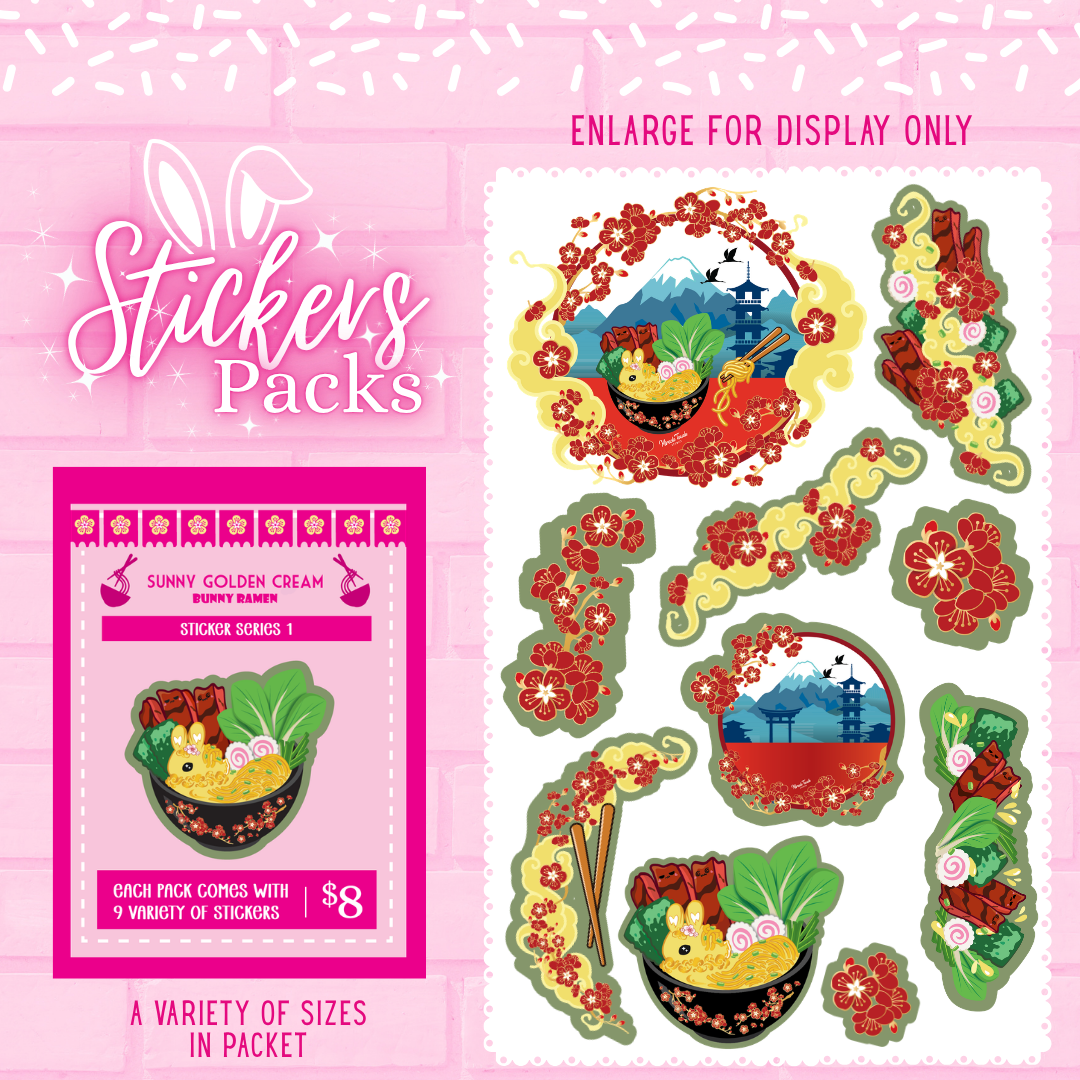 Sunny Golden Cream bunny ramen sticker pack with multiple stickers in various sizes.