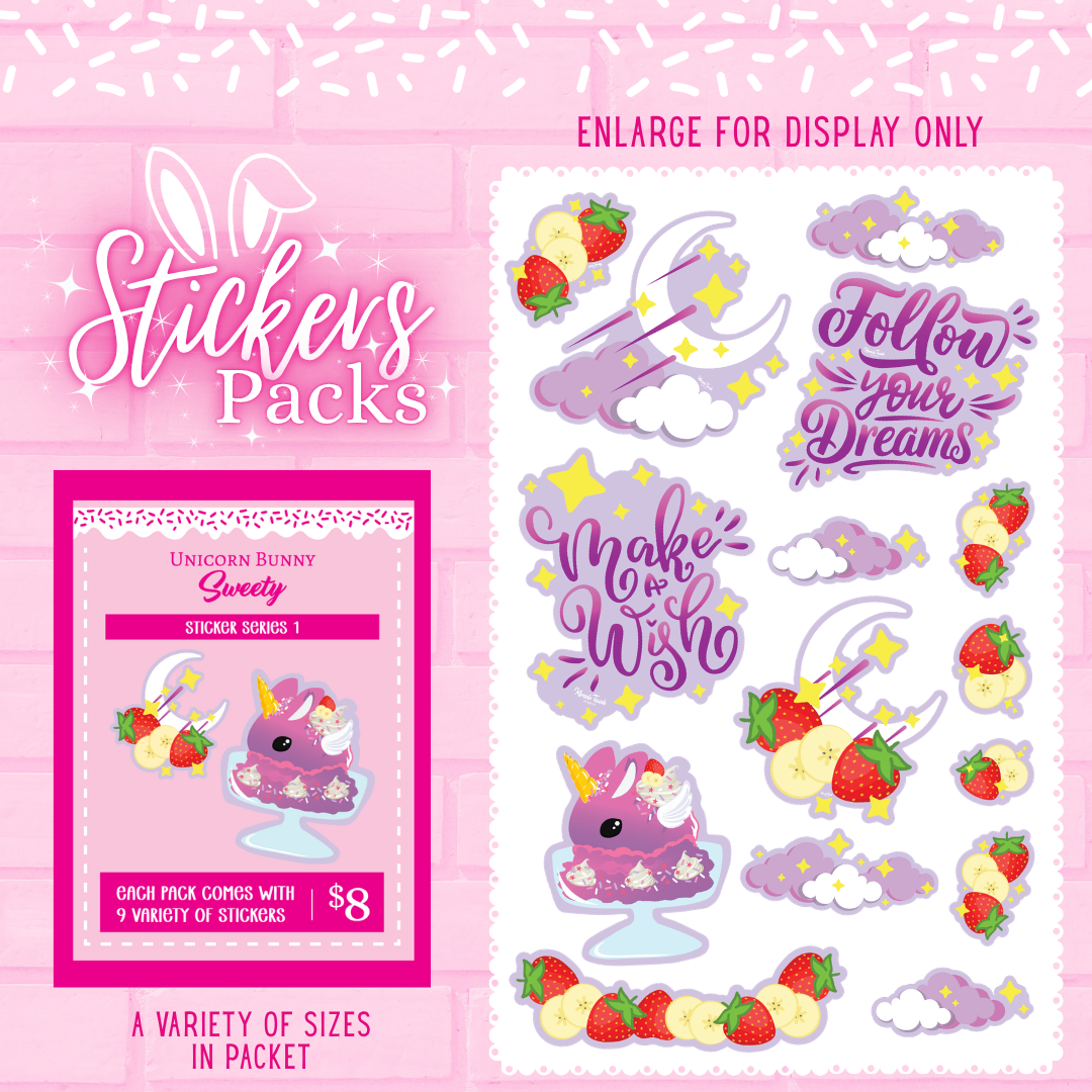 Unicorn sweety bunny sticker pack with multiple stickers in various sizes.