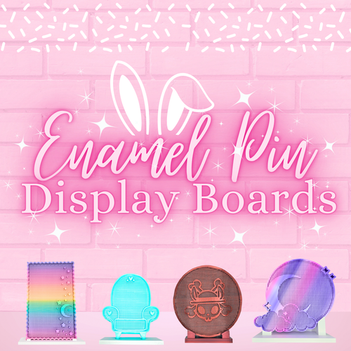 Promotional image for enamel pin display boards with colorful boards on a pink background.