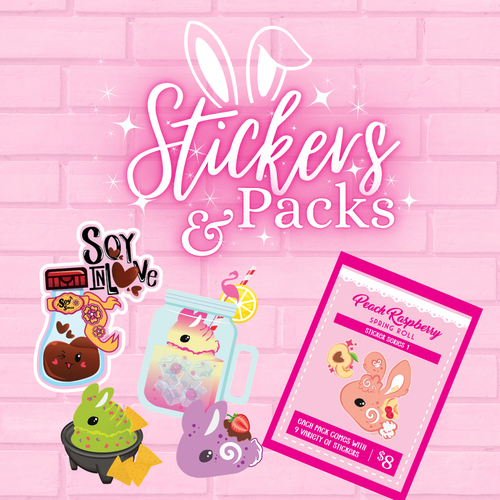 A pink promotional graphic for stickers and packs, featuring a pink brick wall background, large white script text reading 'Stickers & Packs,' several cute illustrated stickers, a mason jar drink illustration, and a pink sticker pack package labeled 'Peach Raspberry Spring Roll Sticker Pack.'.