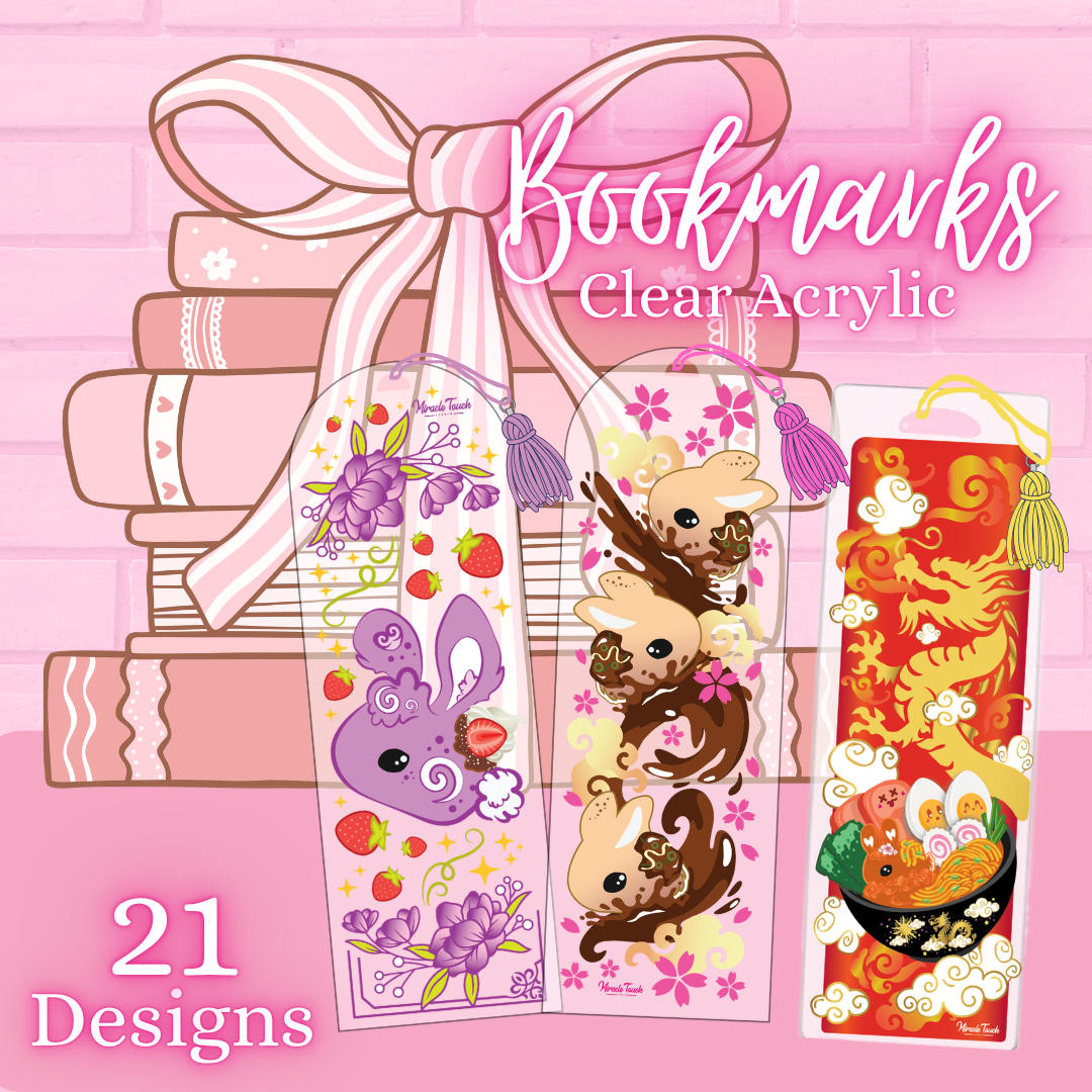 The bookmarks are shown with a background of books, with the words bookmarks clear acrylic, and 21 designs. 