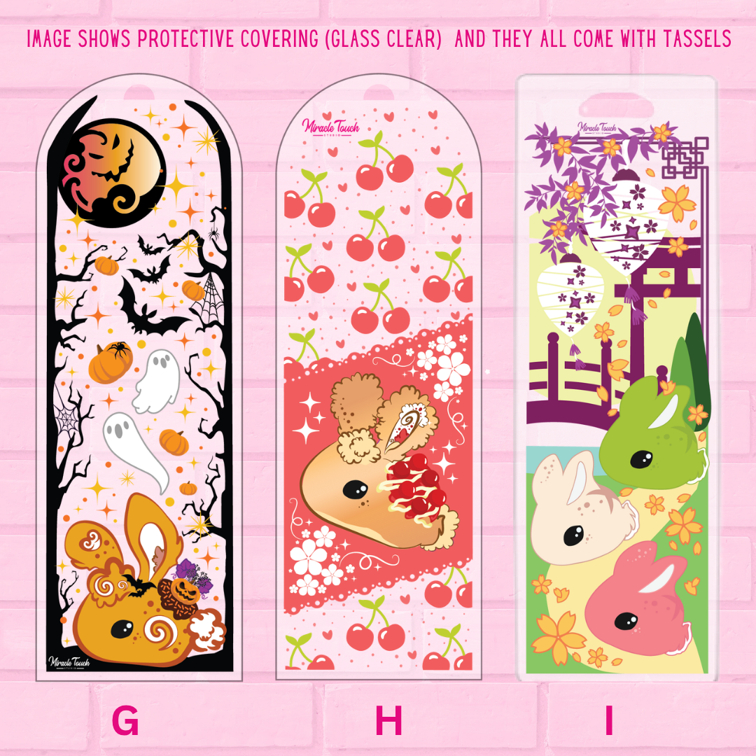 Three bookmarks are shown, Orange Pumpkin Sweet Roll Cake, Cherry Frosted Danish, and Hanami Dango.