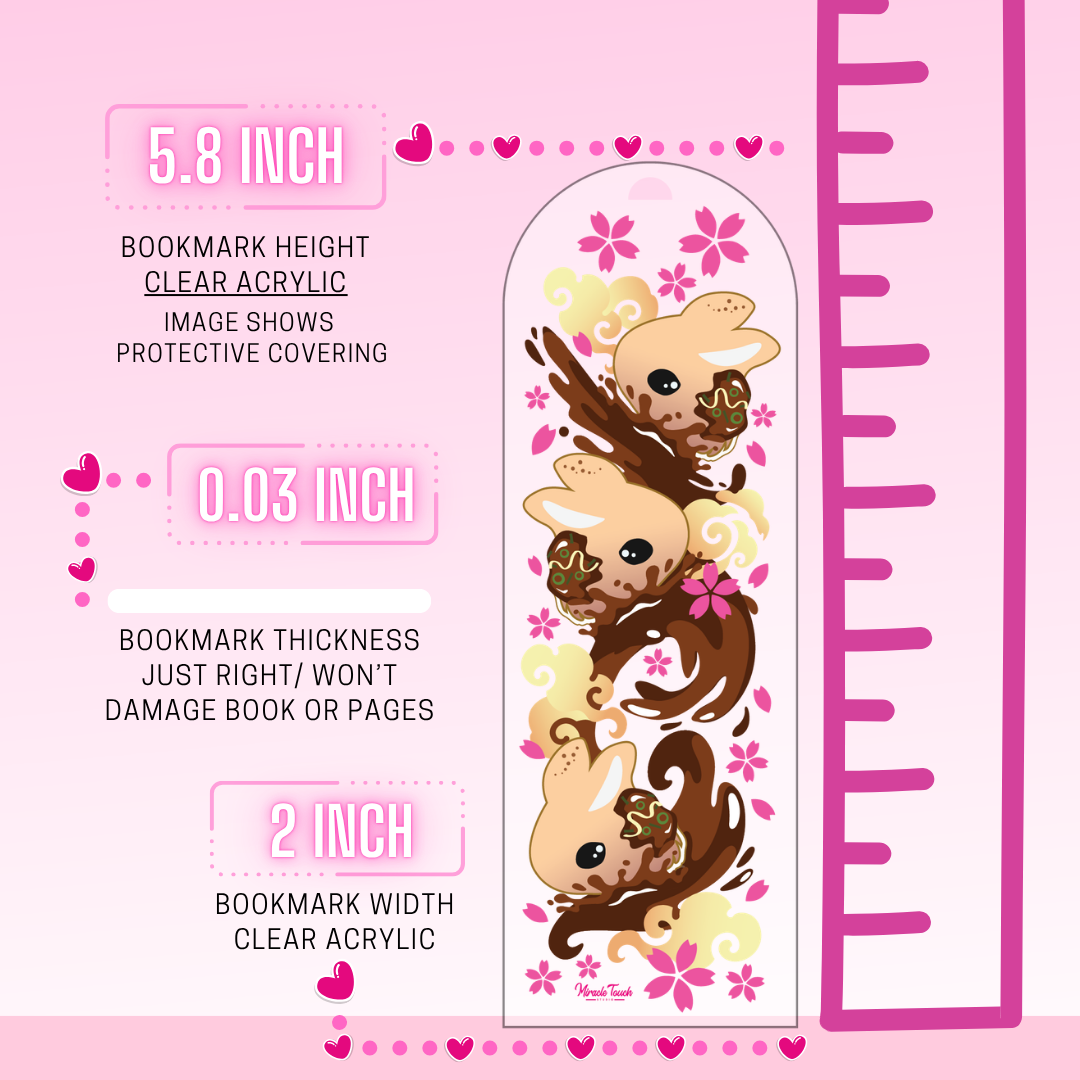 Diagram of the bookmark is shown, with the height of the bookmark being 5.8 inches, 0.03 thickness, and 2 inches in width. The image shows a scale next to the bookmark for reference. 