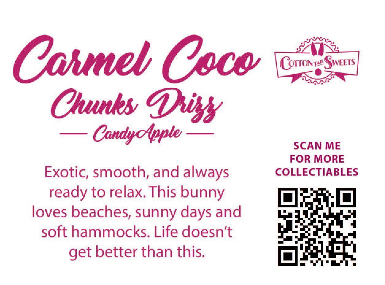 The back of the character card reads: Caramel Coco Chunks Drizz Candy Apple, Exotic, smooth, and always ready to relax. This bunny loves beaches, sunny days and soft hammocks. Life doesn’t get better than this.
