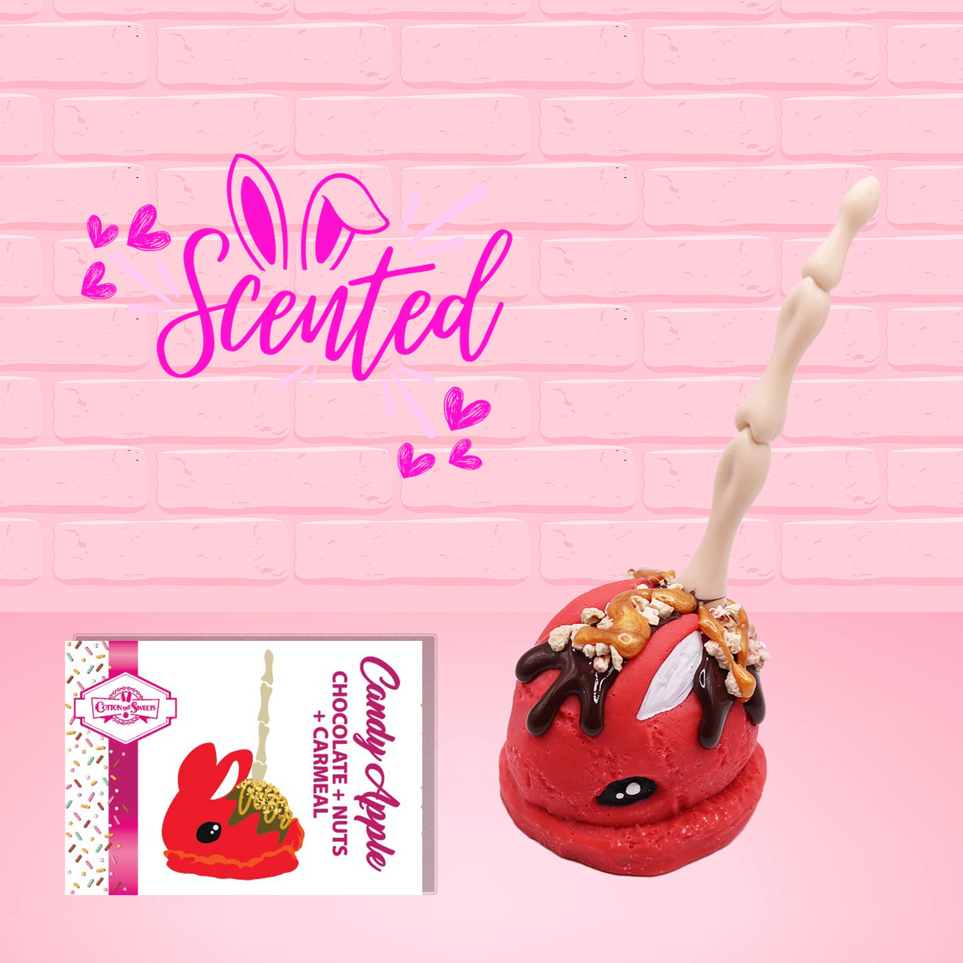 Cute kawaii green bunny with chocolate, caramel drizzle and nuts with a boney finger stick.  The front of the character card and scented are shown.