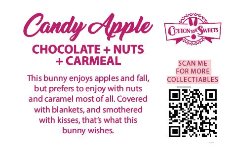 The back of the character card reads: Candy Apple Chocolate + Caramel + Nuts, This bunny enjoys apples and fall, but prefers to enjoy with nuts, and caramel most of all. Covered with blankets, and smothered with kisses, that's what this bunny wishes.