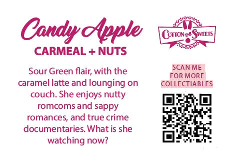 The back of the character card reads: Candy Apple Caramel + Nuts, Sour Green flair, with caramel latte and lounging on couch. She enjoys nutty romcoms and sappy romances, and true crime documentaries. What is she watching now?