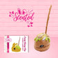 Cute kawaii caramel bunny with green drizzle and nuts with a stick in the back. The front of the character card is shown as well as the word scented.