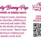 The back of the character card reads: Candy Bunny Pop Caramel & Green Taffy, Listening to tunes, jamming to her favorites, nibbling on caramel and salt water taffy while she thinks of ways to write new music. Never stop believing in making your dreams come true.