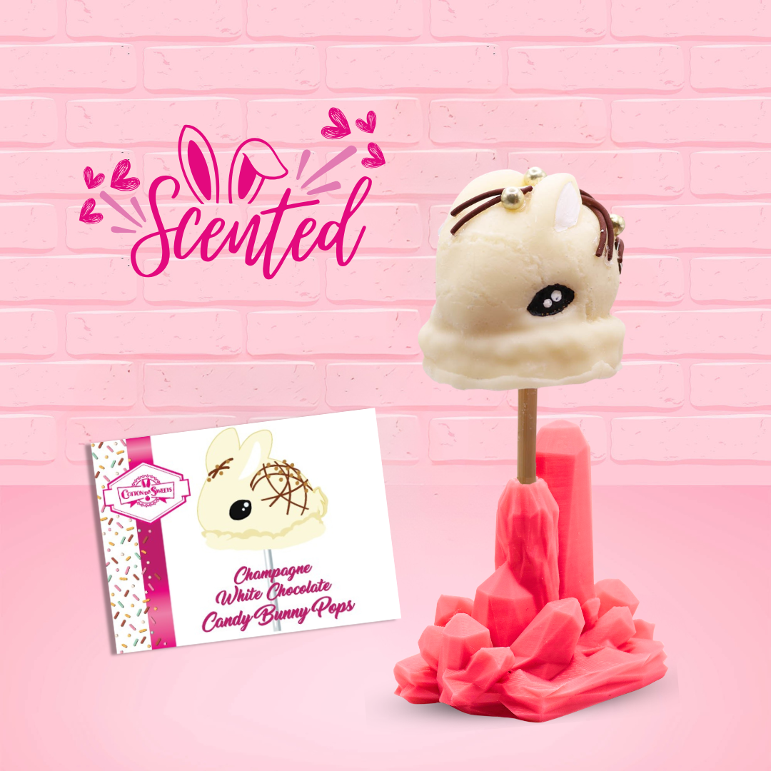 Cute kawaii white bunny with chocolate strings and pearls on top of a wooden stick. The front of the character card is shown.