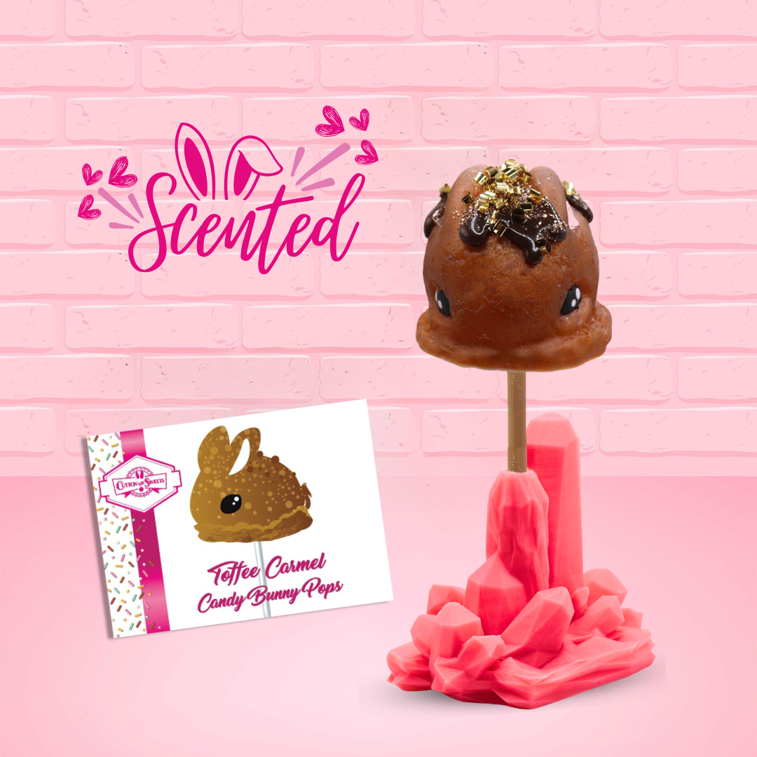 Cute kawaii honey bunny with chocolate drizzle and gold glitter on top of a stick. The front of the character card is shown.
