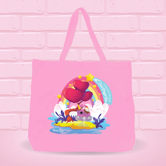 A pink canvas tote bag with the Coco Dazzle Star Unicorn design on it.
