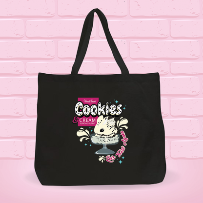 A black canvas tote bag with the cookies and cream bunny design on it.