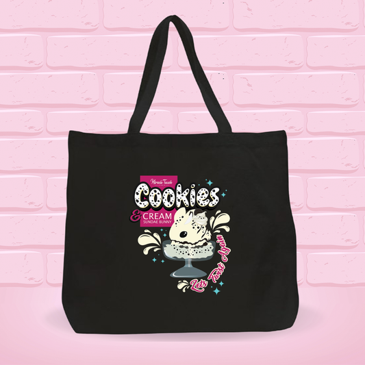 A black canvas tote bag with the cookies and cream bunny design on it.