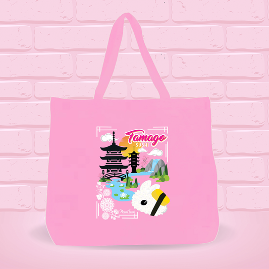 A pink canvas tote bag with Tamago sushi Bunny Design on it, which has beautiful scenery with a sunset and unique design.