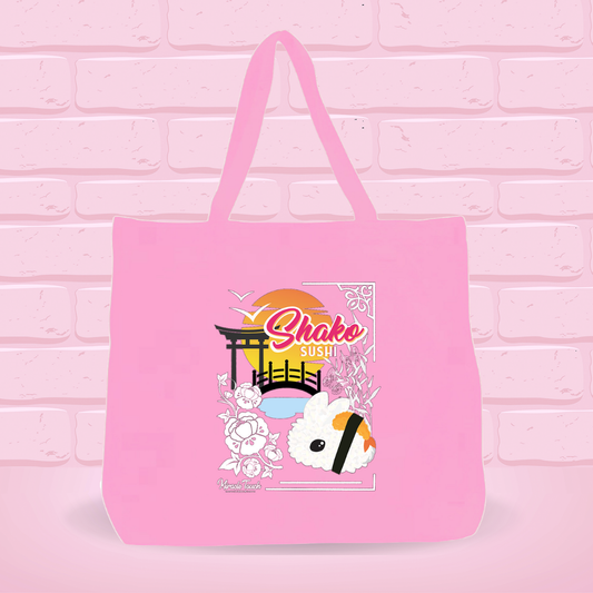 A pink canvas tote bag with Shako sushi Bunny Design on it, which has beautiful scenery with a sunset and unique design.