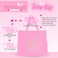 Pink canvas tote bag with product details on a pink background