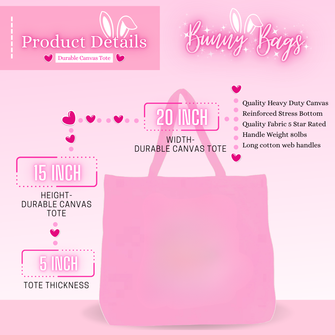 Pink canvas tote bag with product details on a pink background