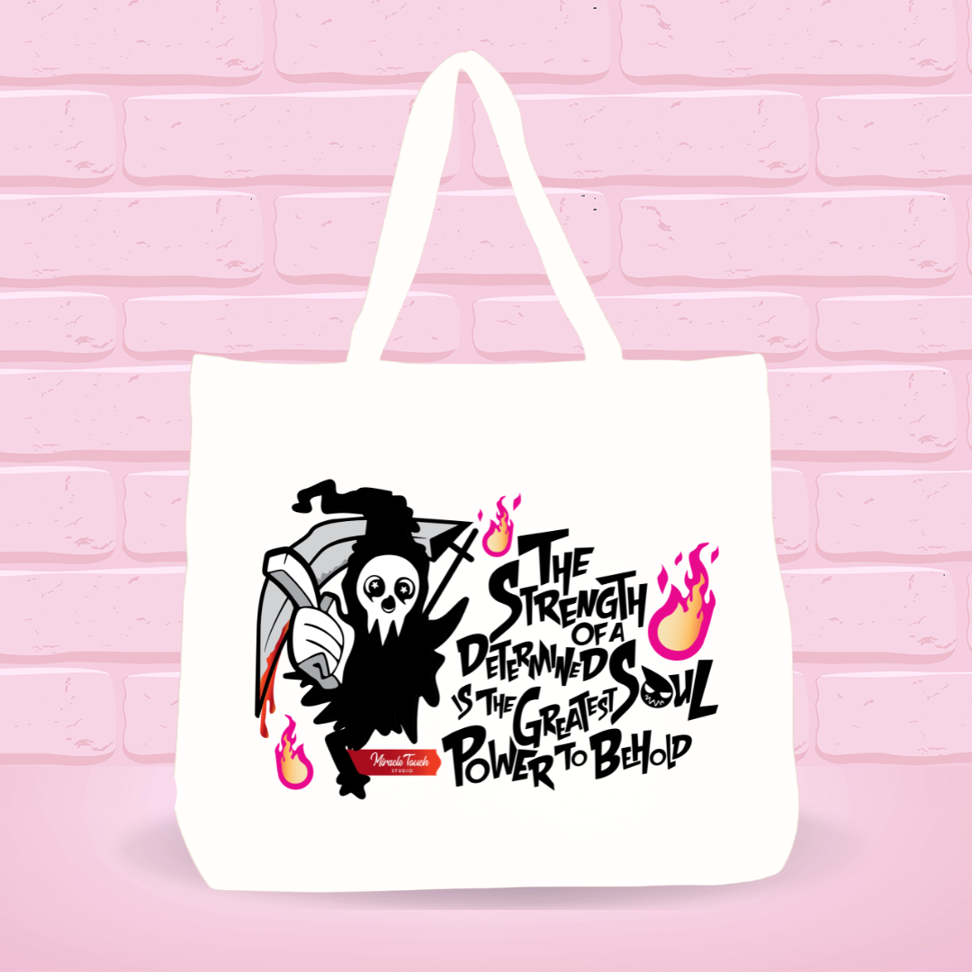 White tote bag with L. Death Wisdom design and text on a pink brick wall background.