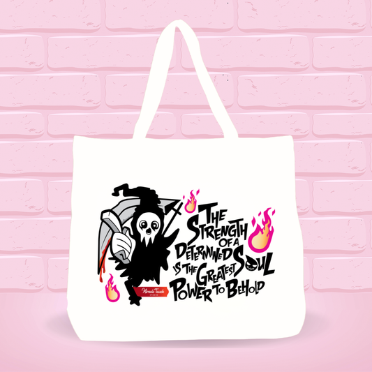 White tote bag with L. Death Wisdom design and text on a pink brick wall background.
