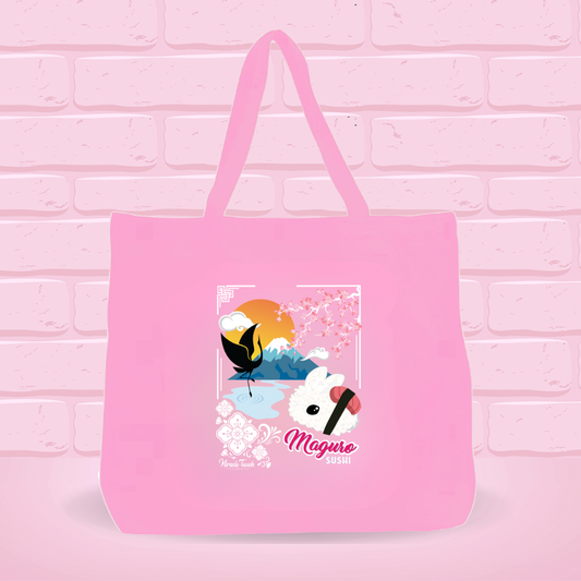 Pink tote bag with Maguro- Tuna Sushi Bunny design and japanese text on a pink brick wall background.