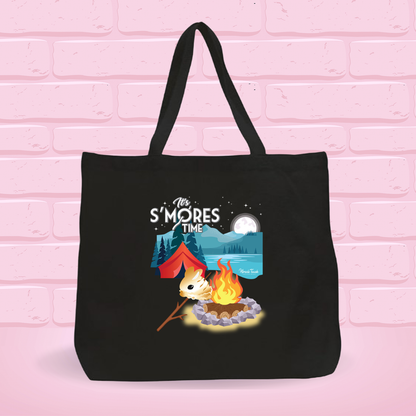 A black canvas tote bag with the S’more Bunny under a night starry camping scenery with a campfire Design on it.