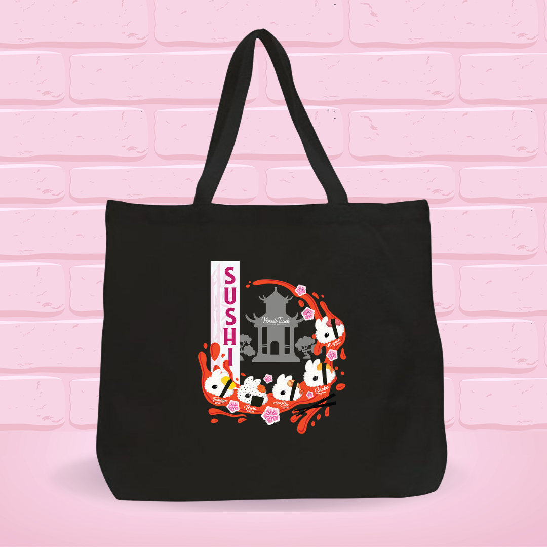 Black tote bag with Bunny sushi set B design on a pink brick wall background