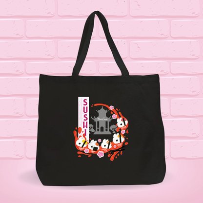 Black tote bag with Bunny sushi set B design on a pink brick wall background
