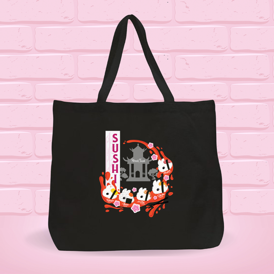 Black tote bag with Bunny sushi set B design on a pink brick wall background