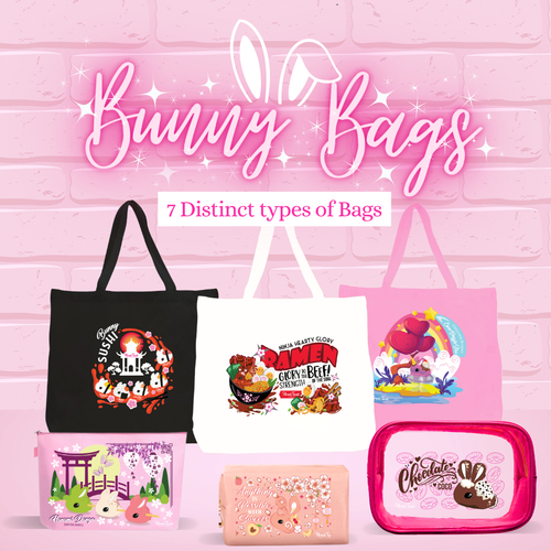 A promotional collage for bunny-themed bags against a pink brick wall background, with large text reading 'Bunny Bags' and '7 Distinct types of Bags.' Multiple bag products are shown: a black tote with a bunny character print, a white tote with a colorful ramen bowl graphic, a pink tote with a pastel bunny scene, a pink zip pouch with a Japanese torii gate and frog print, a small pink pouch with bunny illustrations, and a pink hard case with chocolate bunny artwork.