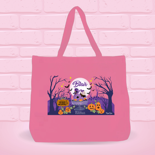 A pink canvas tote bag with the Blair Bunny Design on it, which has Beware witches, Witch in the Pumpkin Patch on it. 