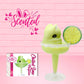 Cute kawaii green bunny drink Chilled Lime Margarita in a margarita glass with a salted rim, and a lime slice attached to the rim. The front of the character card is shown as well as the word scented.
