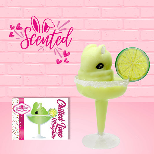 Cute kawaii green bunny drink Chilled Lime Margarita in a margarita glass with a salted rim, and a lime slice attached to the rim. The front of the character card is shown as well as the word scented.