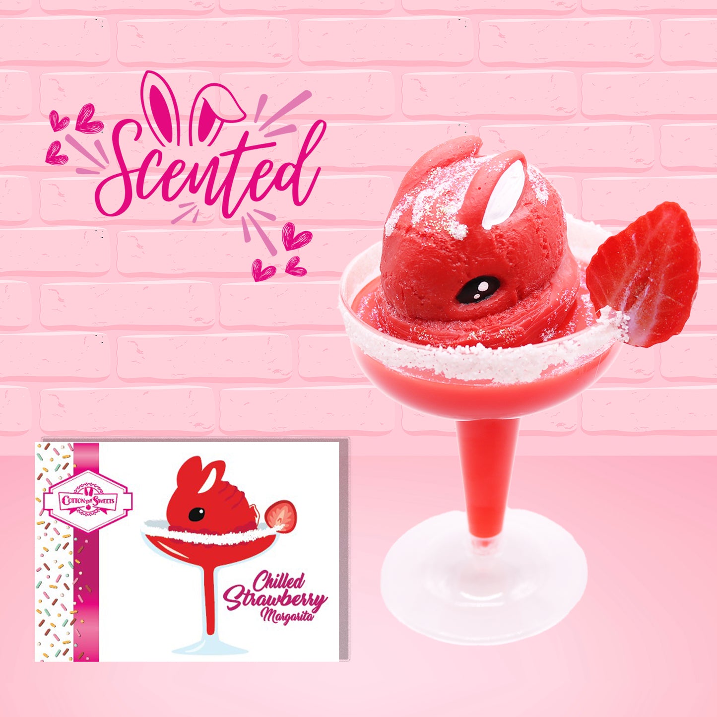 Cute kawaii red bunny in a margarita glass frosted, with a strawberry slice. The front of the character card as well as the word scented is shown. 