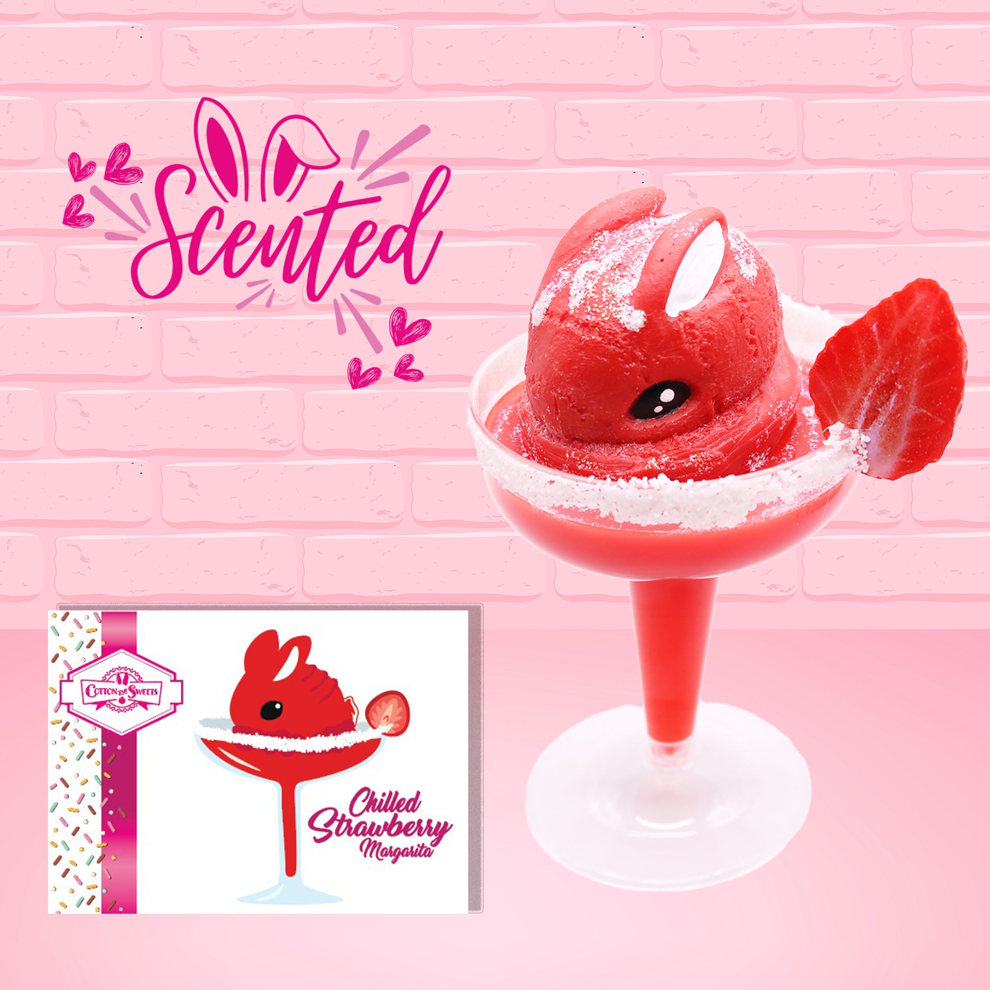 Cute kawaii red bunny in a margarita glass frosted, with a strawberry slice. The front of the character card as well as the word scented is shown. 