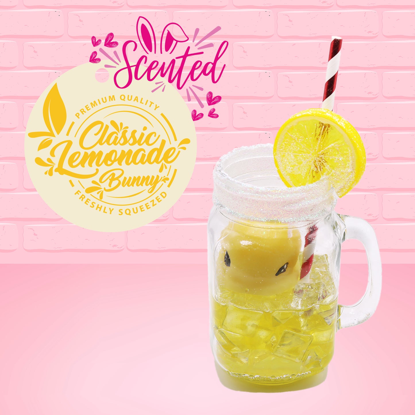 Cute kawaii yellow bunny in a mason jar with a lemon slice and a red white straw. The logo of the classic lemonade as well the word scented is shown.