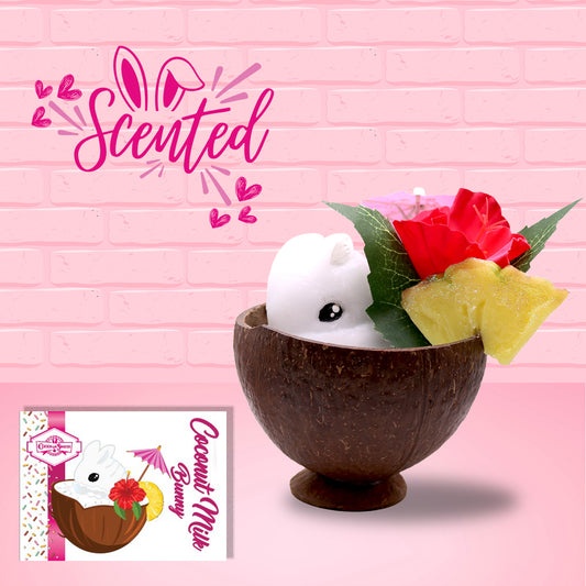 Cute kawaii white bunny in a coconut with red flowers, pineapples and pink umbrella.  The front of the character card as well as the word scented is shown.