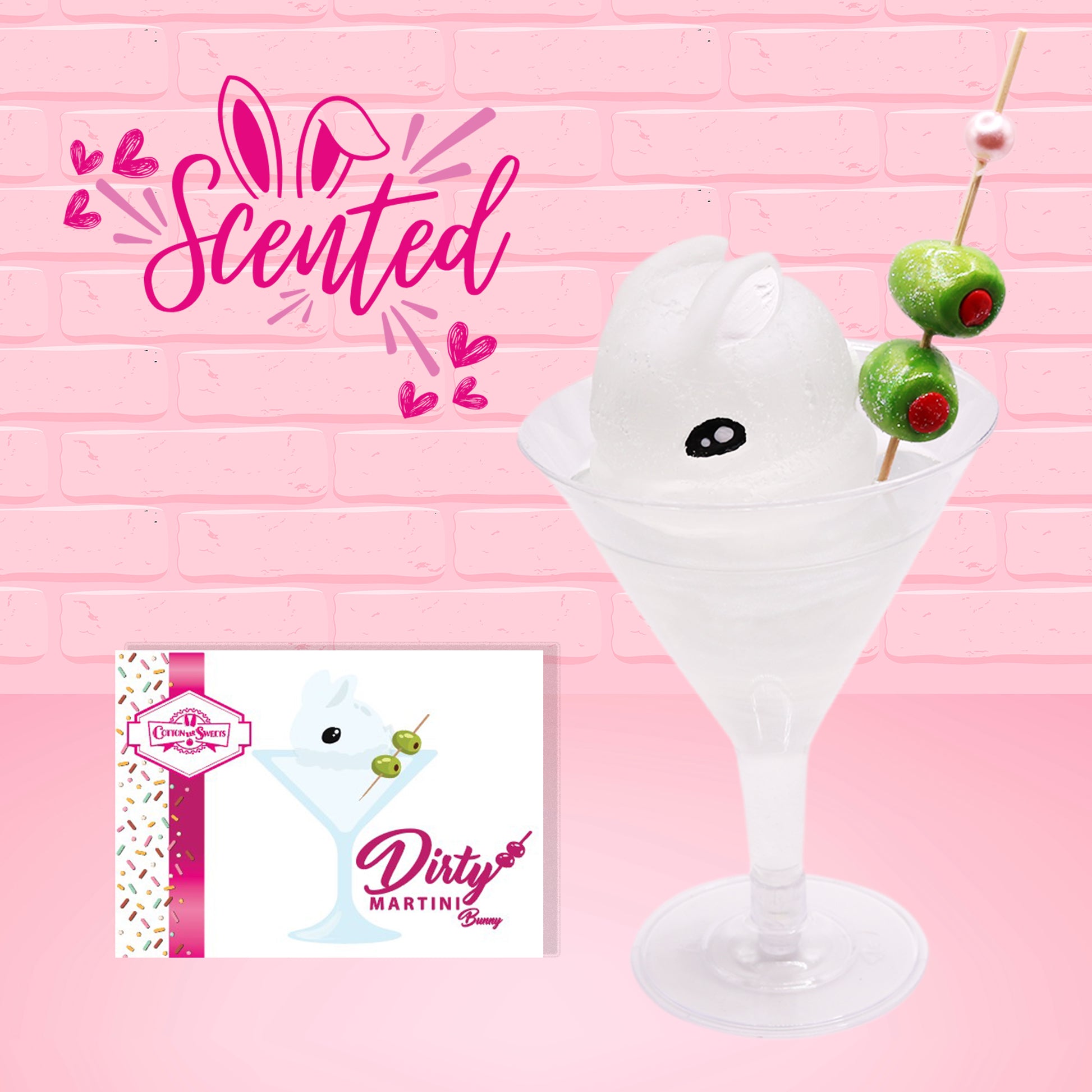 Cute kawaii clear bunny in a drink with a skewer with two olives and a pearl in a martini glass. The front of the character card as well as the word scented is shown.