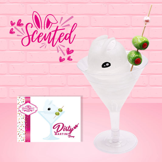 Cute kawaii clear bunny in a drink with a skewer with two olives and a pearl in a martini glass. The front of the character card as well as the word scented is shown.