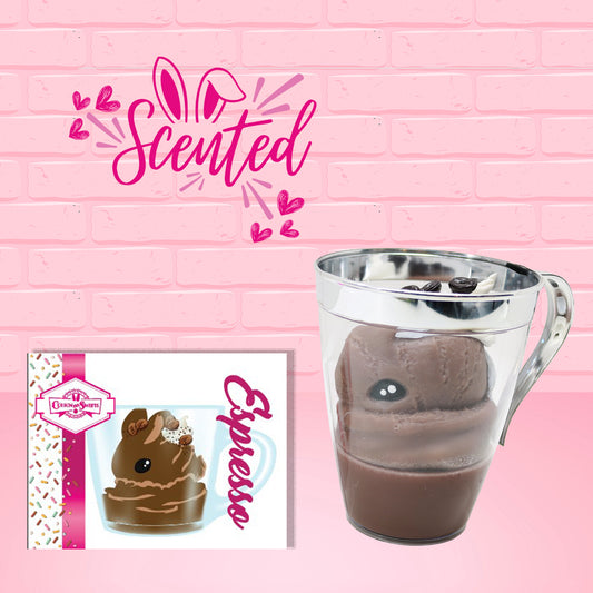 Cute kawaii brown bunny with coffee beans and whipped cream on top, in a cup with a silver trim. The front of the character card is shown as well as the word scented.