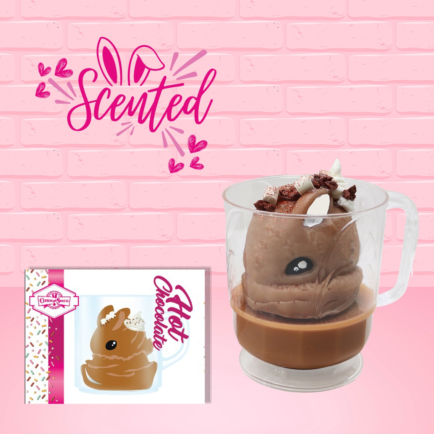 Cute kawaii brown bunny with chocolate and marshmallow bits in a cup with brown glitter. The front of the character card is shown as well as the word scented.