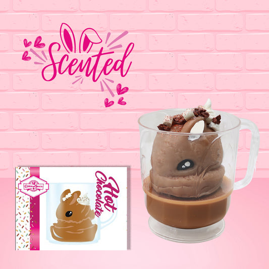 Cute kawaii brown bunny with chocolate and marshmallow bits in a cup with brown glitter. The front of the character card is shown as well as the word scented.