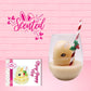 Cute kawaii white bunny in a drink with a red and white straw.  The straw has a glittery holly attached to it. The front of the character card as well as the word scented is shown.