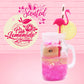 Cute kawaii white and pink bunny in a mason jar with a pink flamingo, lemon slice, and gold white straw. The logo of the pink lemonade bunny as well as the word scented is shown.