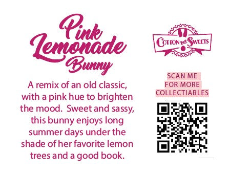 The back of the character card reads Pink Lemonade Bunny, a remix of an old classic, with a pink hue to brighten the mood. Sweet and sassy, this bunny enjoys long summer days under the shade of her favorite lemon trees and a good book.