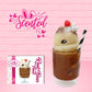 Cute kawaii bunny Root Beer Float white bunny in a brown drink with a black and white straw on the side. The bunny has a strawberry, brown glitter, silver pearls, on top next to the swirl of whipped cream. The front of the character card is shown as well as the word scented.